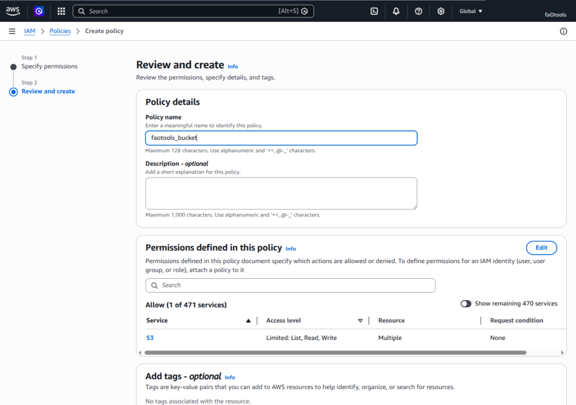 Review and name the faotools_bucket Amazon S3 policy with list, read and write access